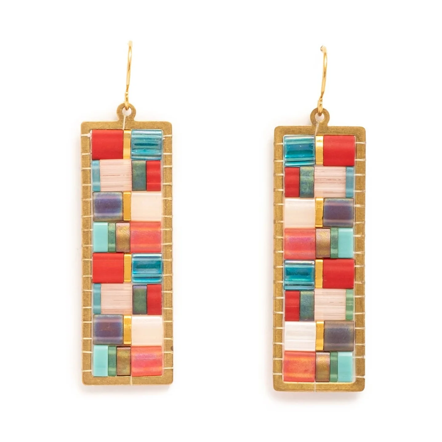 Aqua/Red - Mosaic Tila and Brass Earrings