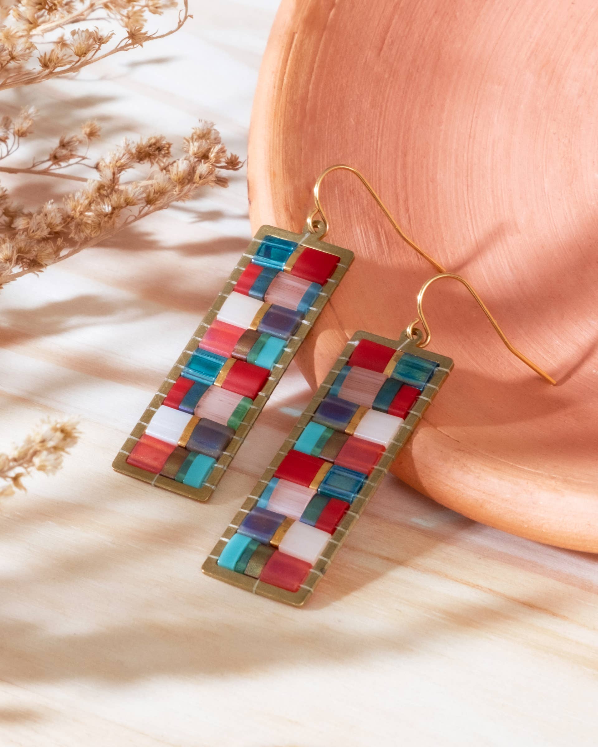 Aqua/Red - Mosaic Tila and Brass Earrings - Image 2