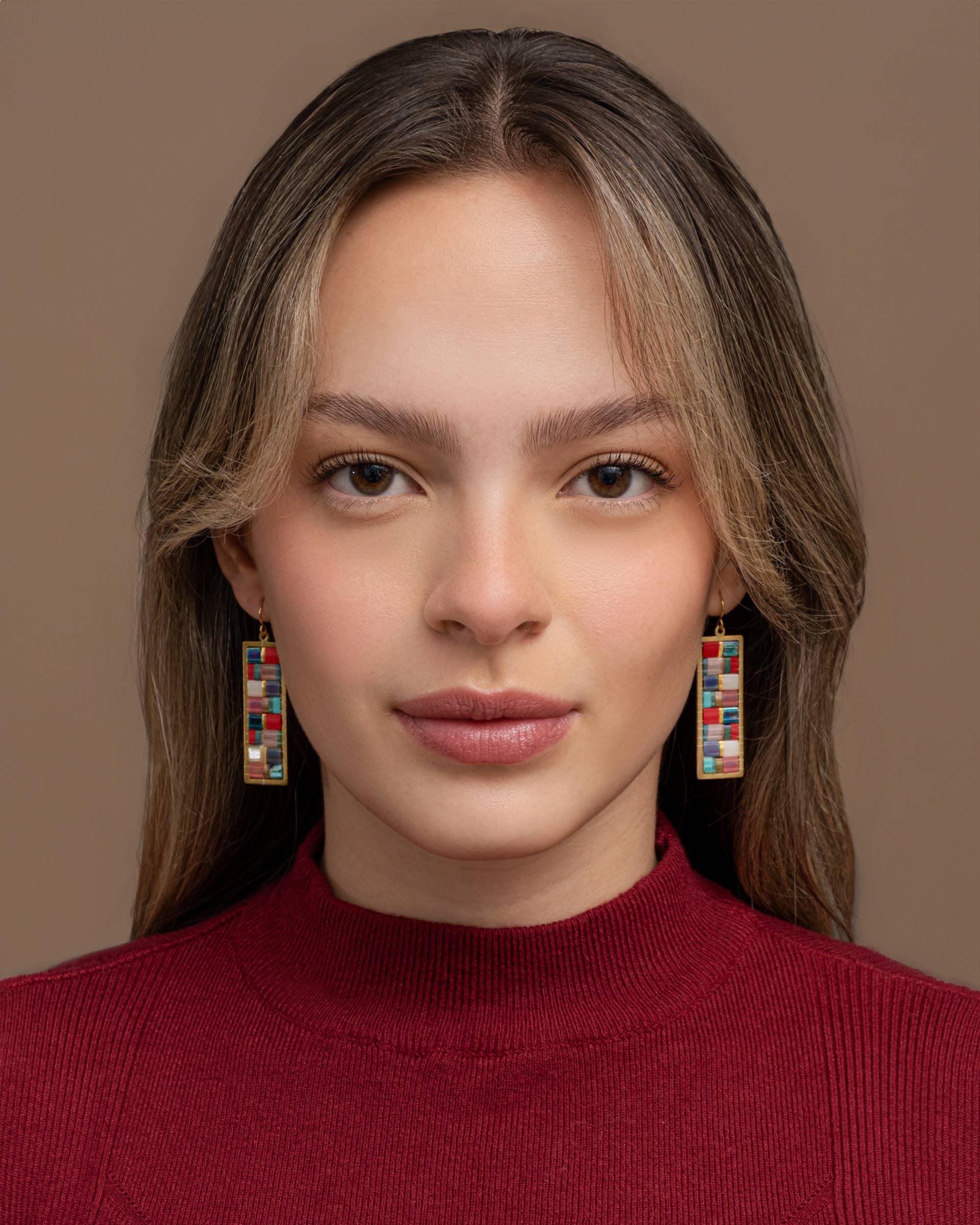 Aqua/Red - Mosaic Tila and Brass Earrings - Image 3