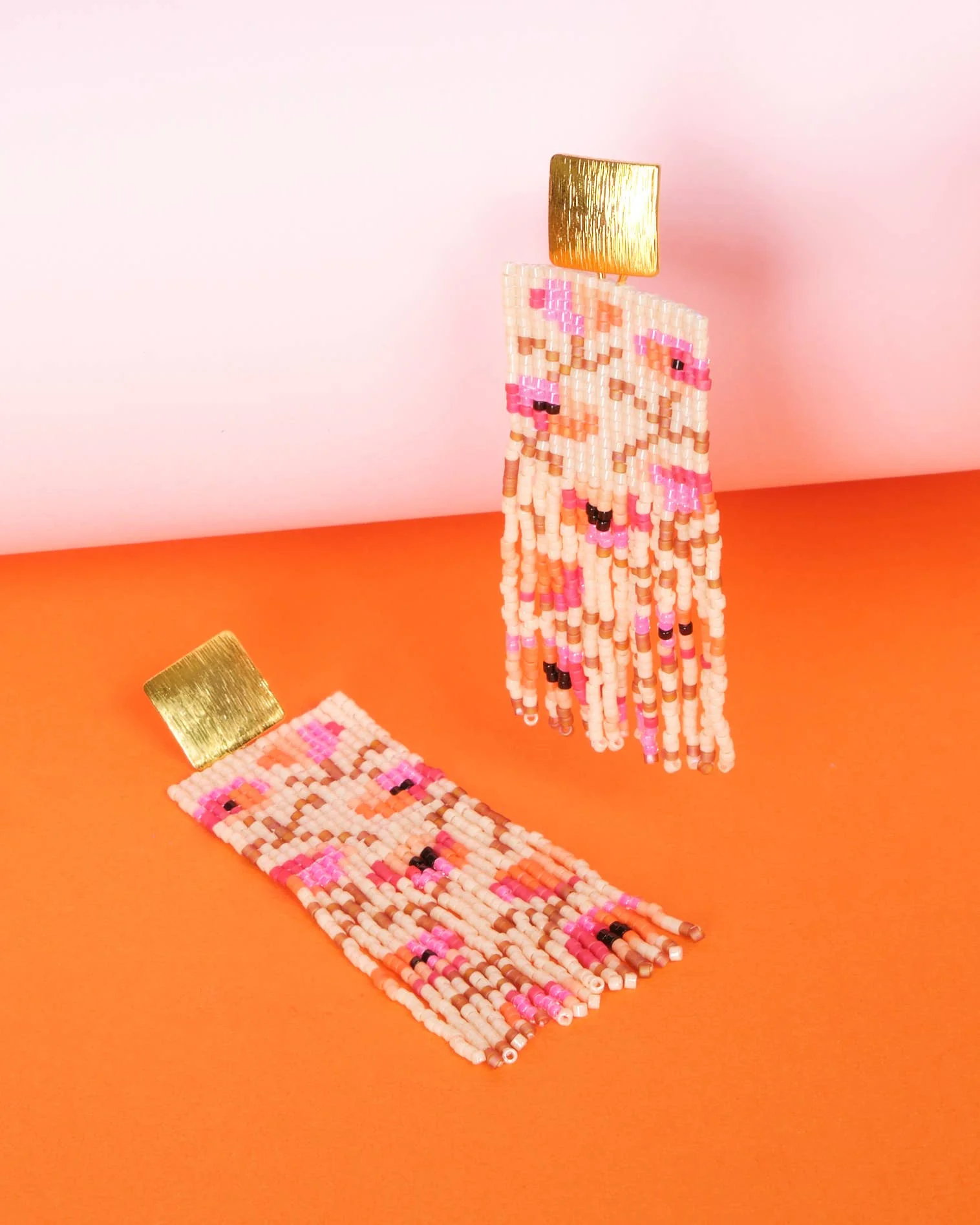 Cream/Pink - Poppy Flower Fringe Earrings - Image 2
