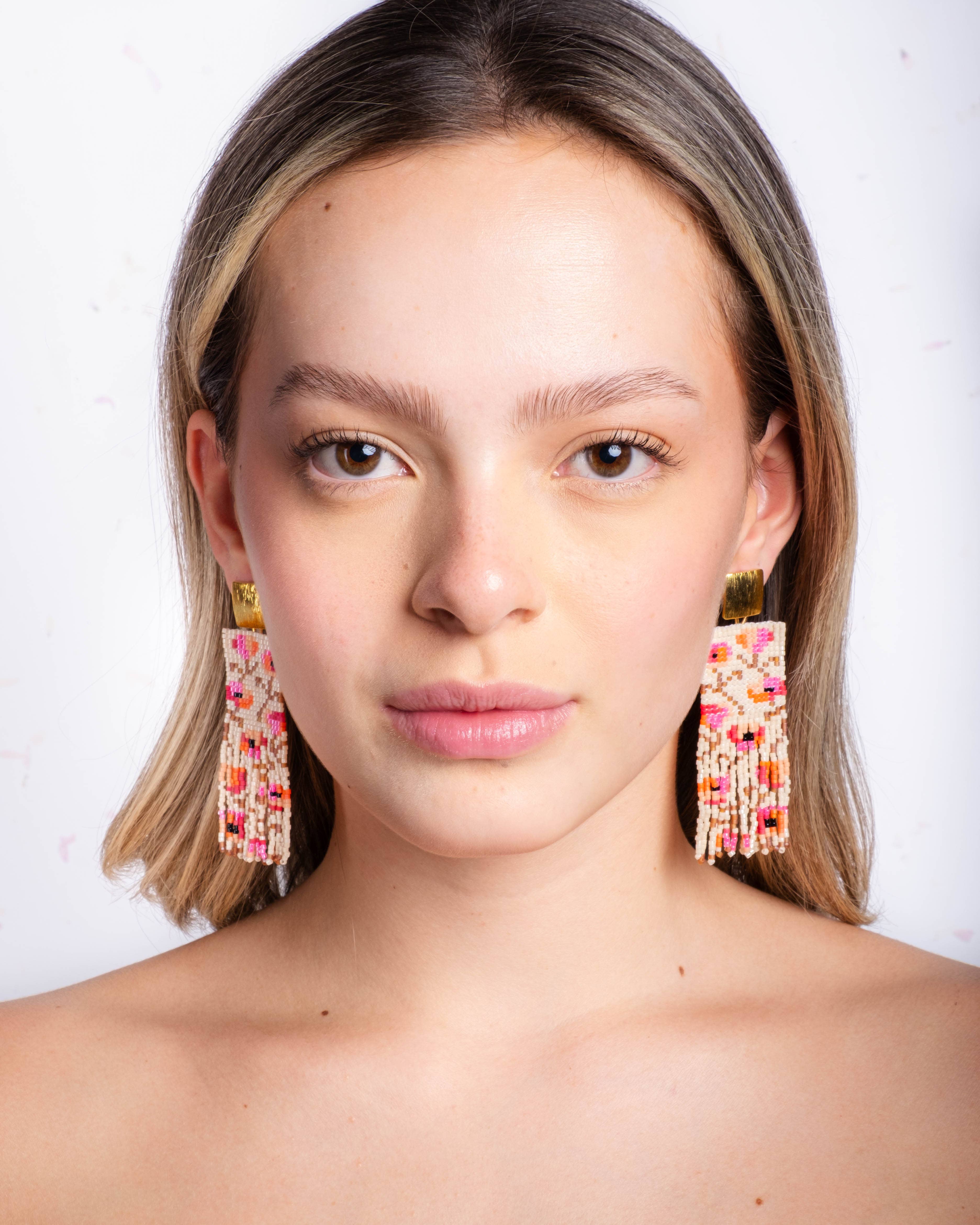 Cream/Pink - Poppy Flower Fringe Earrings - Image 3