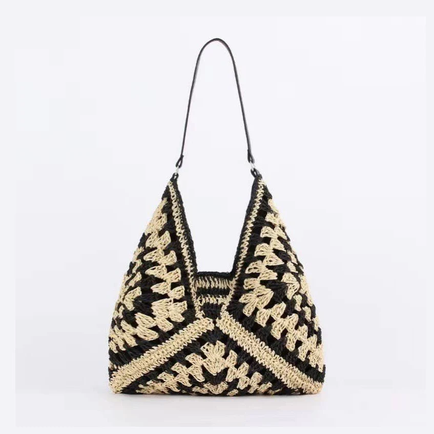 Black Mix Crochet Open-Weave Boho Handbag