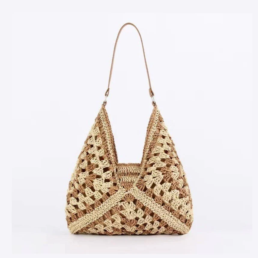 Tan Mix Crochet Open-Weave Boho Handbag