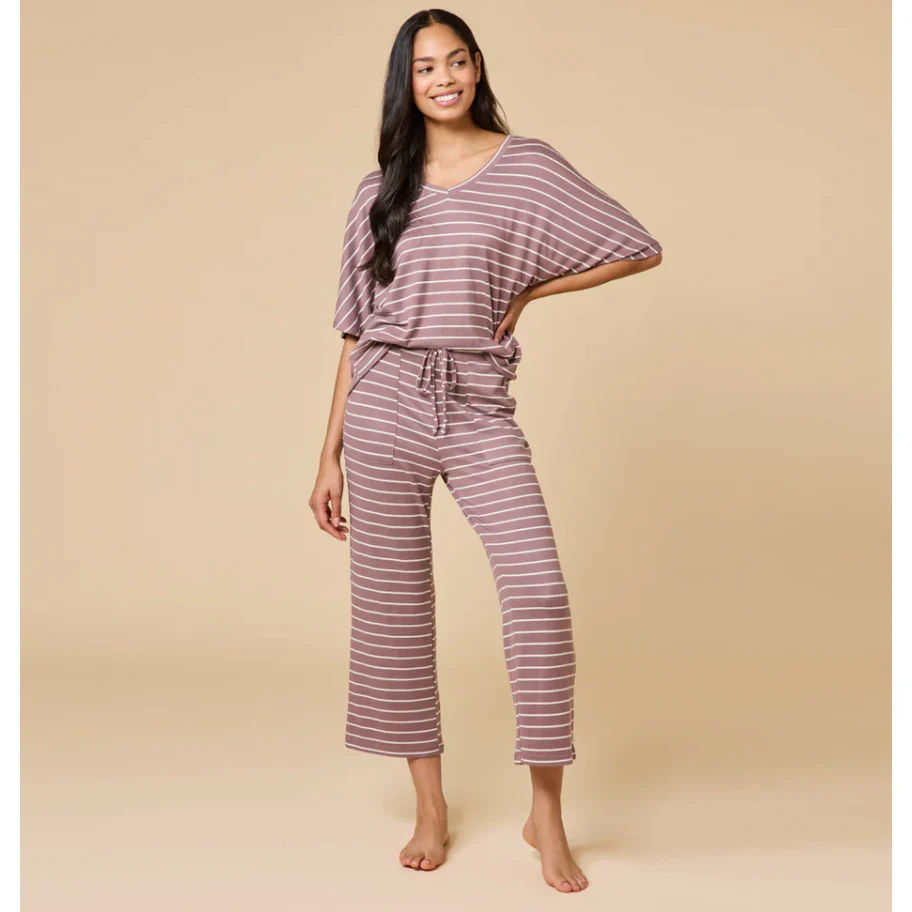 Dream Relaxed V-Neck Capri Lounge Set Driftwood Stripe