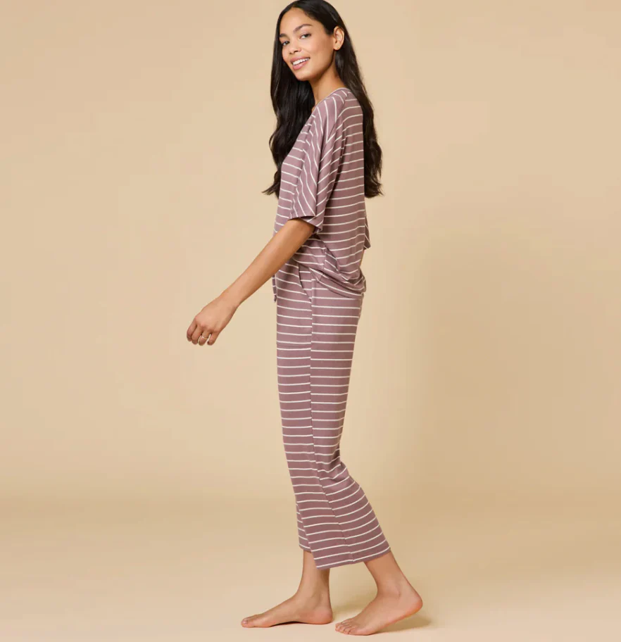 Dream Relaxed V-Neck Capri Lounge Set Driftwood Stripe - Image 2