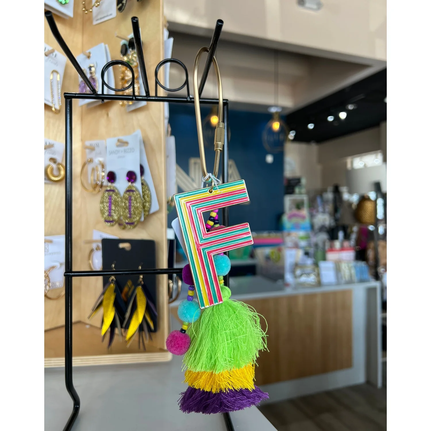 Enamel "F" with Multi Beaded Strands Poms Stacked Tassel Keychain (FINAL SALE)