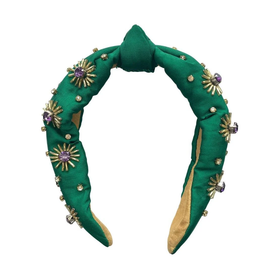 Green Headband w/ Purple & Gold Rhinestone Beaded Flowers
