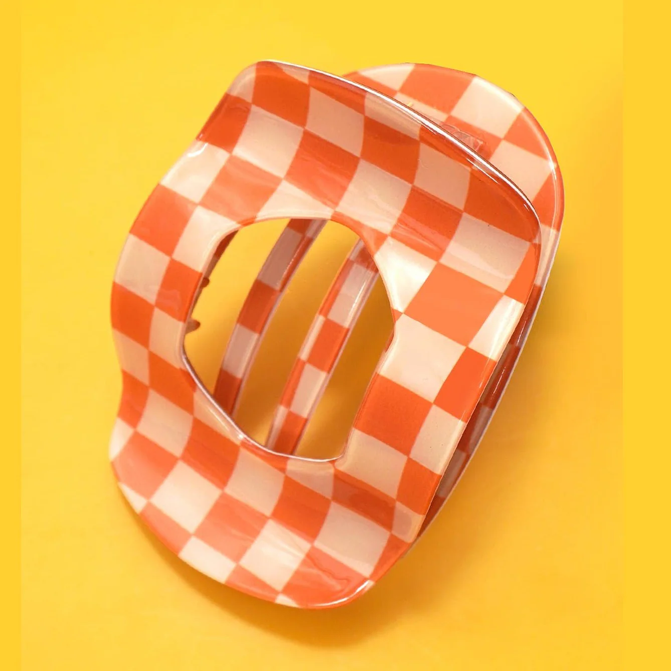 Orange Checkered Jumbo Lay Flat Oval Hair Claw Clip