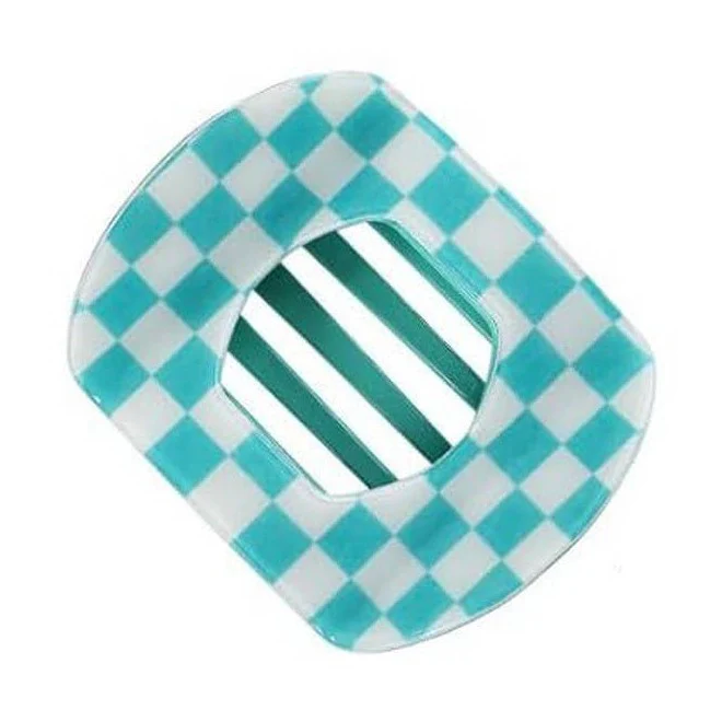 Blue Checkered Jumbo Lay Flat Oval Hair Claw Clip