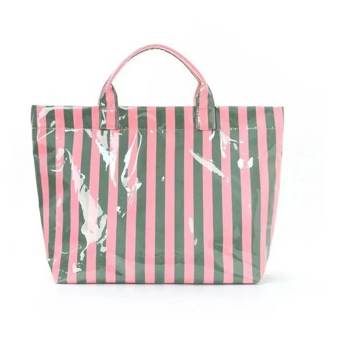 Pink/Green Large Striped Vinyl Tote Bag