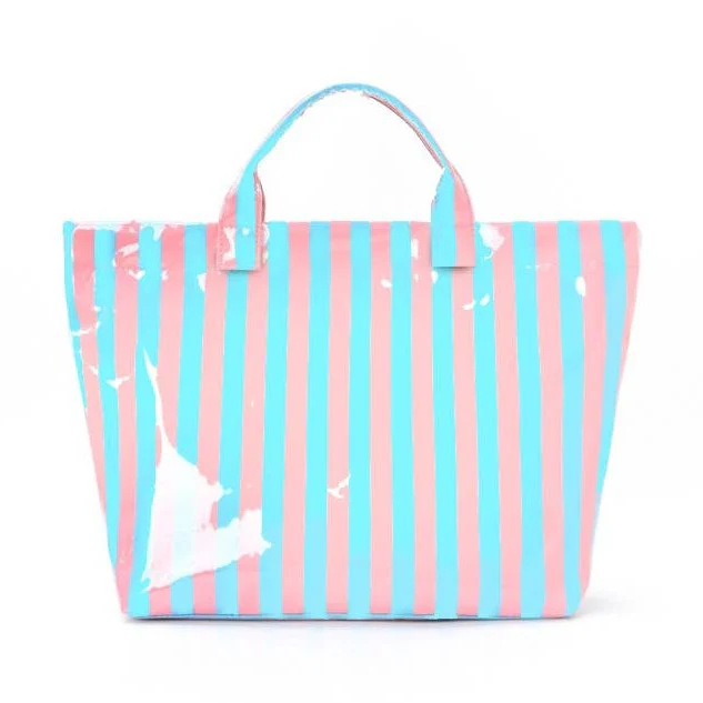 Blue/Pink Large Striped Vinyl Tote Bag