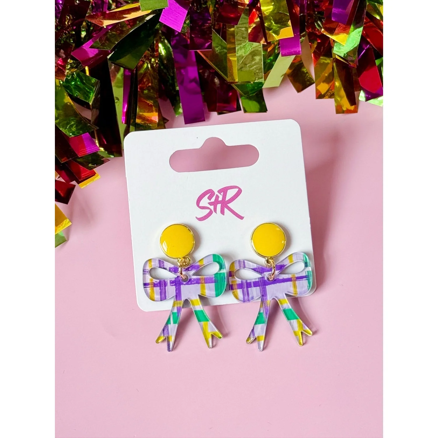 Mardi Gras Plaid Petite Bow Dangle Earring