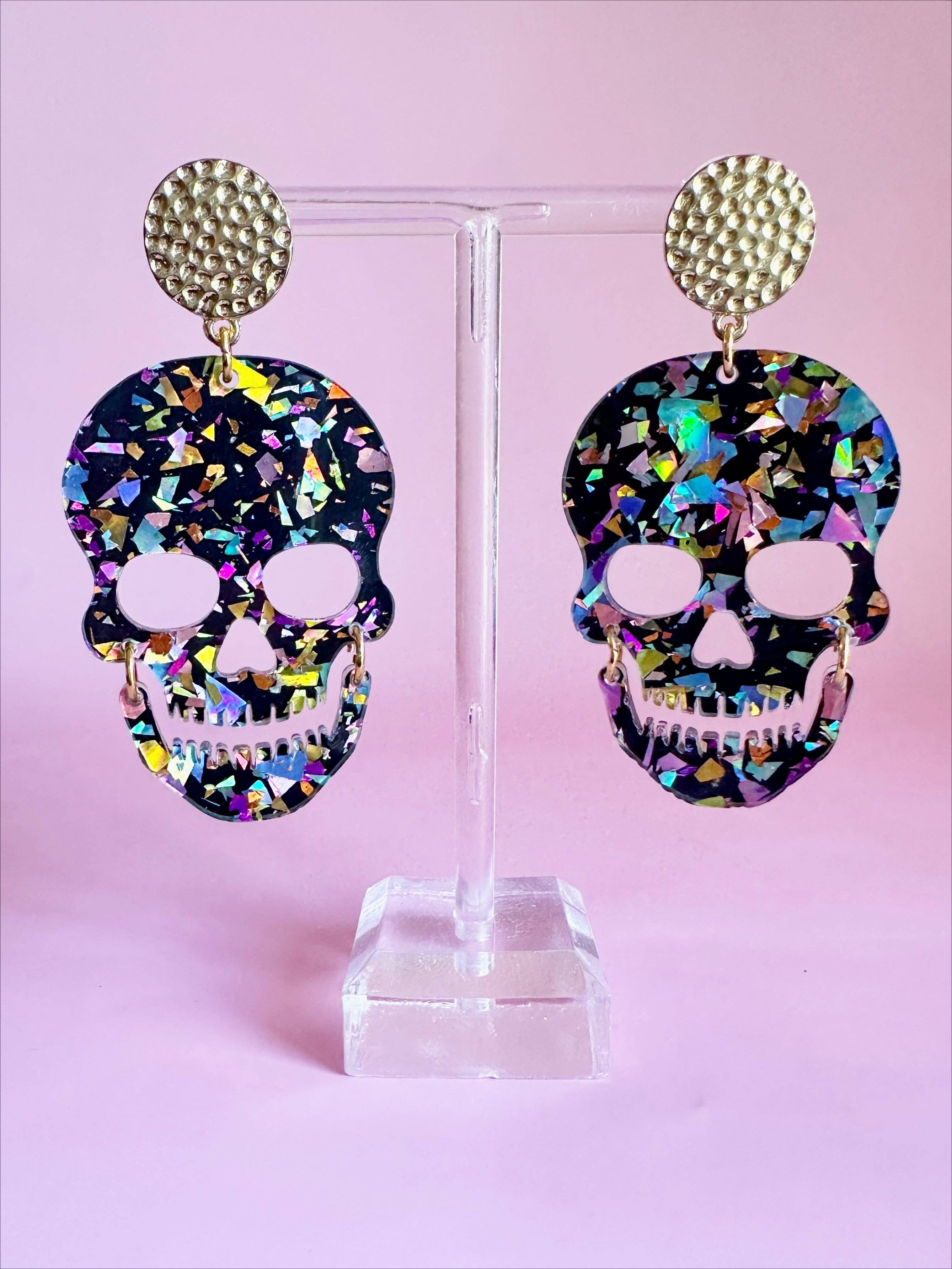 Midnight Confetti Acrylic Large Skull Earring - Image 2