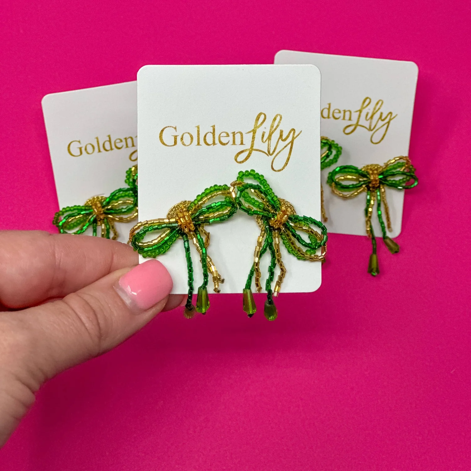 Mini Bow Earrings - Green and Gold