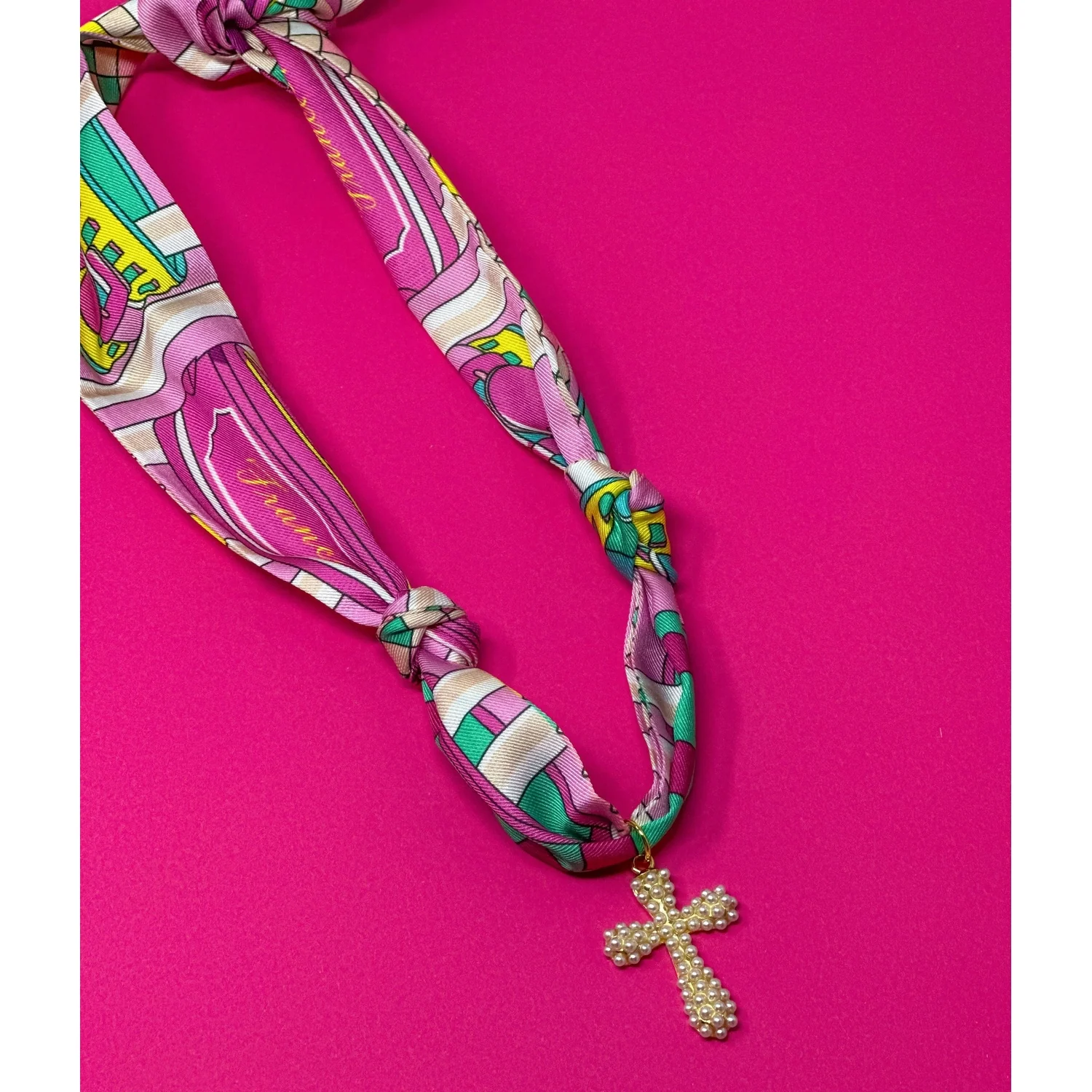 Purp Multi Print Scarf W Pearl Cross - Scarf Charm Necklace