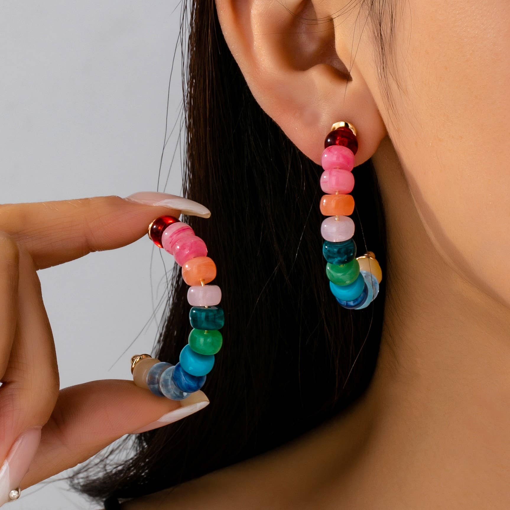 Multi Rainbow Beaded Hoop Earrings - Image 2