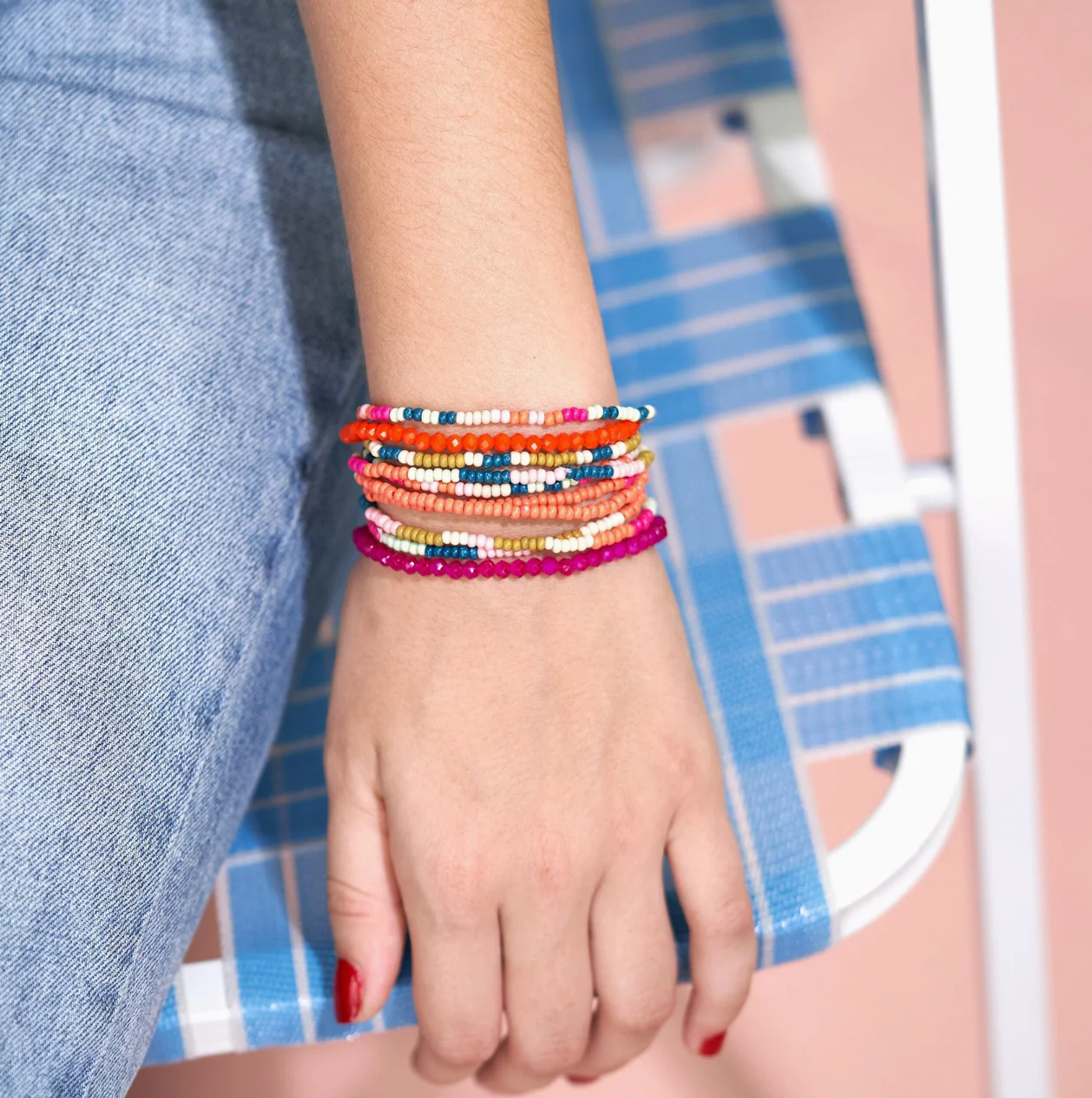 Sage Mixed Stripe Set of 10 Stretch Bracelets Rainbow - Image 2