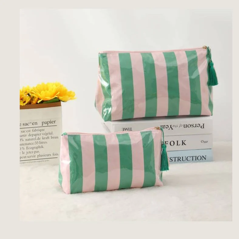 Green/Pink Travel Stripe Cosmetic Makeup Pouch Bag